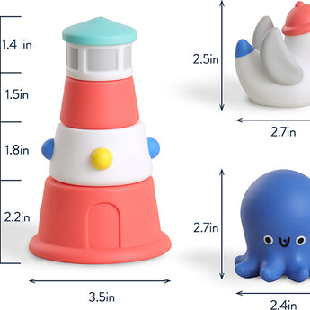 Itzy Stack & Squirt™ - Stackable Lighthouse & 2 Bath Squirters (Nautical)